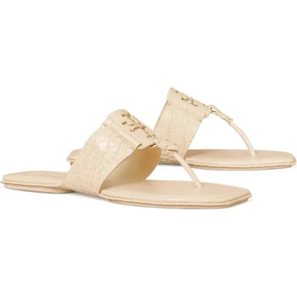 NIB Tory Burch Georgia Croc Embossed Leather Thong Sandal CREAM US 8 9 AUTHENTIC